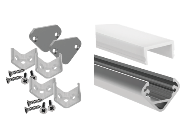 ALU Profilpakke ELC hjørne opal 2m Komplett hjørneprofil. Fester & endelokk 