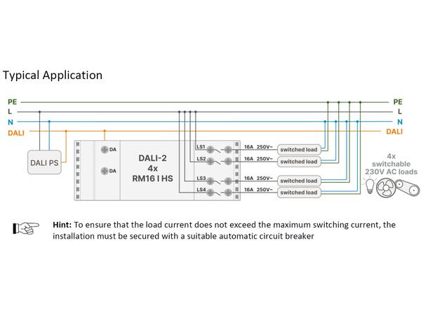 DALI-2 4xRM16 relemodul 4 kanaler DIN skinnemontering