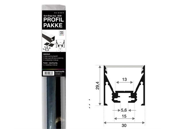 ALU profilpakke Edge ELC 3030 2m Sort Komplett pakke med fester og endelokk