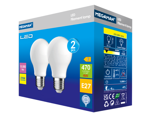 LED Classic A60 E27 827 4W 470 lm 2-pack Minimum 10 stk pr bestilling