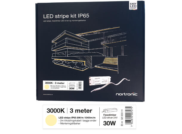 LEDstrip KIT 24V 830 8W 1040lm 3m IP65 3000K - IP65 - 3m - Fasedimbar 