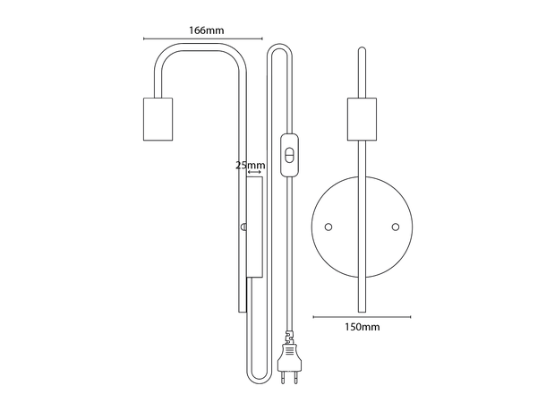 Vegglampe E27 sokkel Sort U-line Kabel m/bryter 