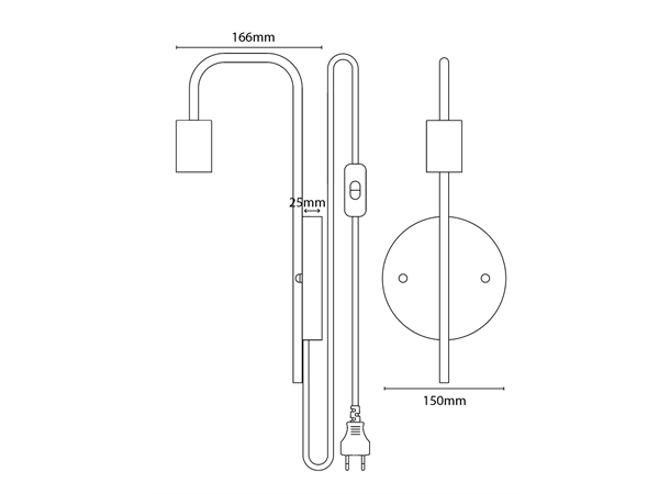 Vegglampe E27 sokkel Sort U-line Kabel m/bryter