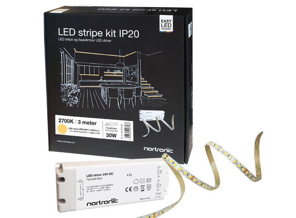 LEDstrip KIT 24V 827 8W 1200lm 3m IP20 2700K - IP20 - 3m - Fasedimbar 