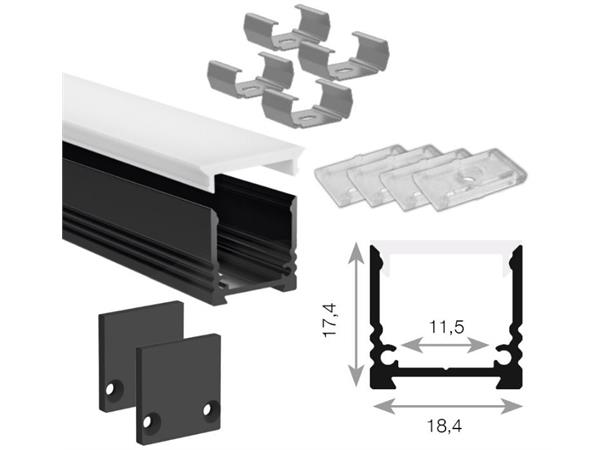 ALU profilpakke Edge ELC høy 2m Sort RAL9005 Komplett m/fester+opal avdekning
