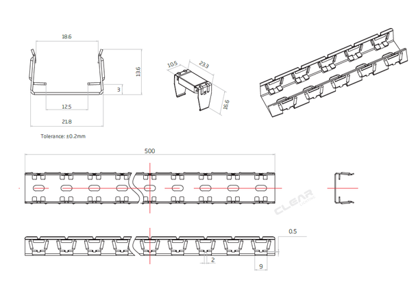 Profil F2010 0,5m FlexGlo 3 skruer, 2 clips SafeGlo 
