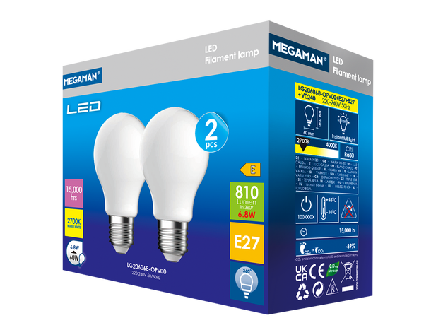 LED Classic A60 E27 827 6,8W 810lm 2pack Minimum 10 stk pr bestilling