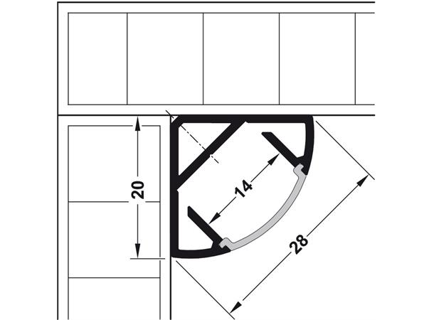 Aluprofil hjørne m/opal avdekn 2,5m 2020 Loox 20x20 mm