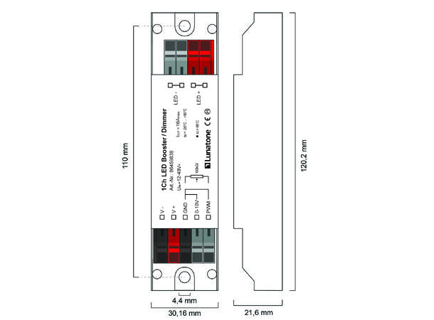 LED dimmer/booster 0-10V/PWM 12-48VDC 16A