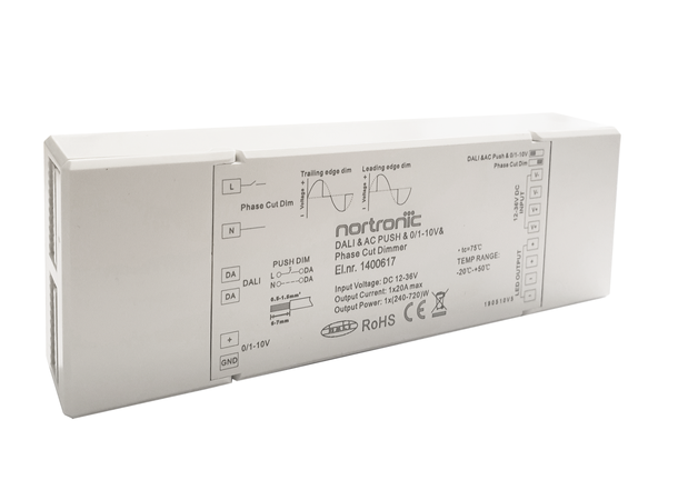 LED dimmer Universal ELC 2x10A 12-48V DC Dimmes med DALI, impuls, fase, 0/1-10V