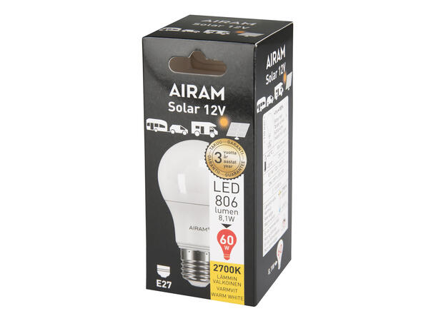 LED Classic A60 E27 827 806lm 12V AC/DC Solcelle, campingvogn, båt etc 8,1W 